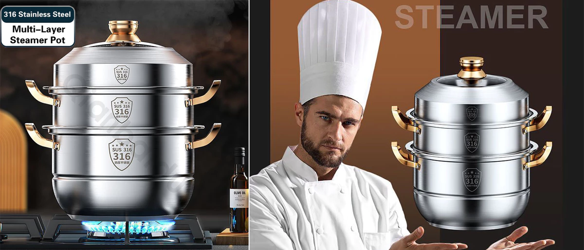 [Qianbaidu] 316 Stainless Steel Steamer Cooker - 2/3/4 Layer Cooking Pot for Food/Steaming/Boiling