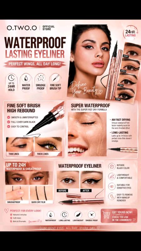 O.TWO.O Gold Embroidery Eyeliner Pen Waterproof Long Lasting Classic Black Easy To Wear Eye Makeup #otwoo #MasMuraSaShopee #FreeCoinsSaShopeeVideo