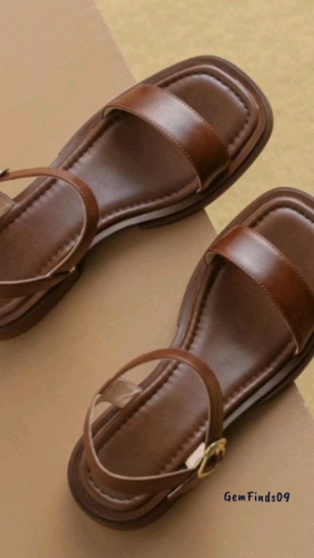 Retro Buckle Flat Sandals for Women Strap Leather Square Toe Brown Flat Sandals #sandals #shopee