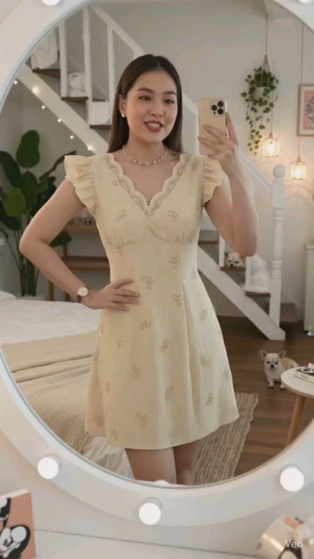 Lovito Women Cute Dress Ruffle Lace Spring/summer Yellow Dress L191AD012