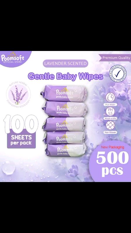 Check out Poomsoft 5 Packs x 100 Sheet  Lavender Scented No-Alcohol Gentle Baby Wet Wipes Disposable Cotton #FreeCoinsInShopeeVideo