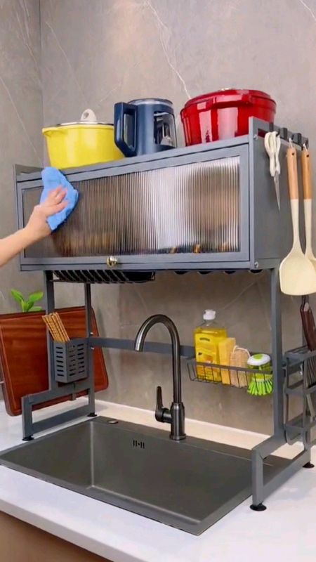 Metallic Dish Kitchen Cabinet Rack Dustproof #multifunction #dish #Kitchen #kitchentools #cabinet #storage #rack #dustproof #Home #useful #sink
