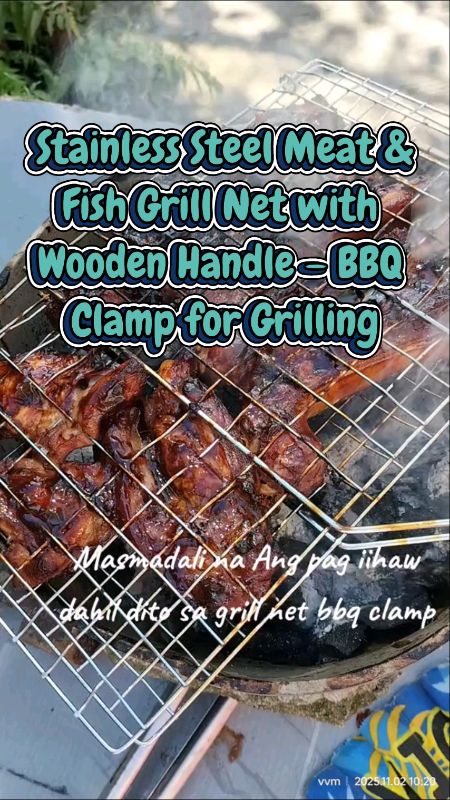 Stainless Steel Meat & Fish Grill Net with Wooden Handle – BBQ Clamp for Grilling. #grillnet#clampforgrilling#stainlesssteel