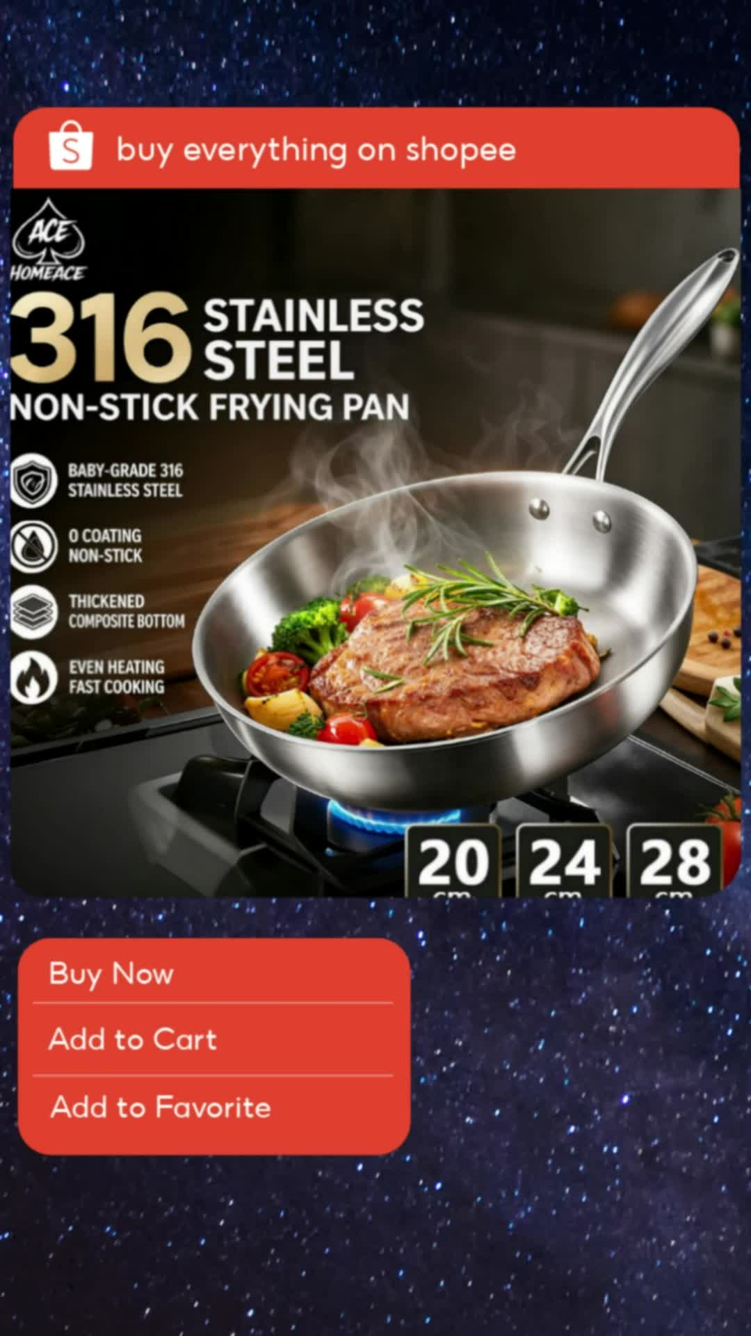 ACE HOMEACE 316 Stainless Steel Frying Pan Non Coated Skillet for Induction Gas Stove 20/24/28CM #fryingpan #stainlesssteel #skillet